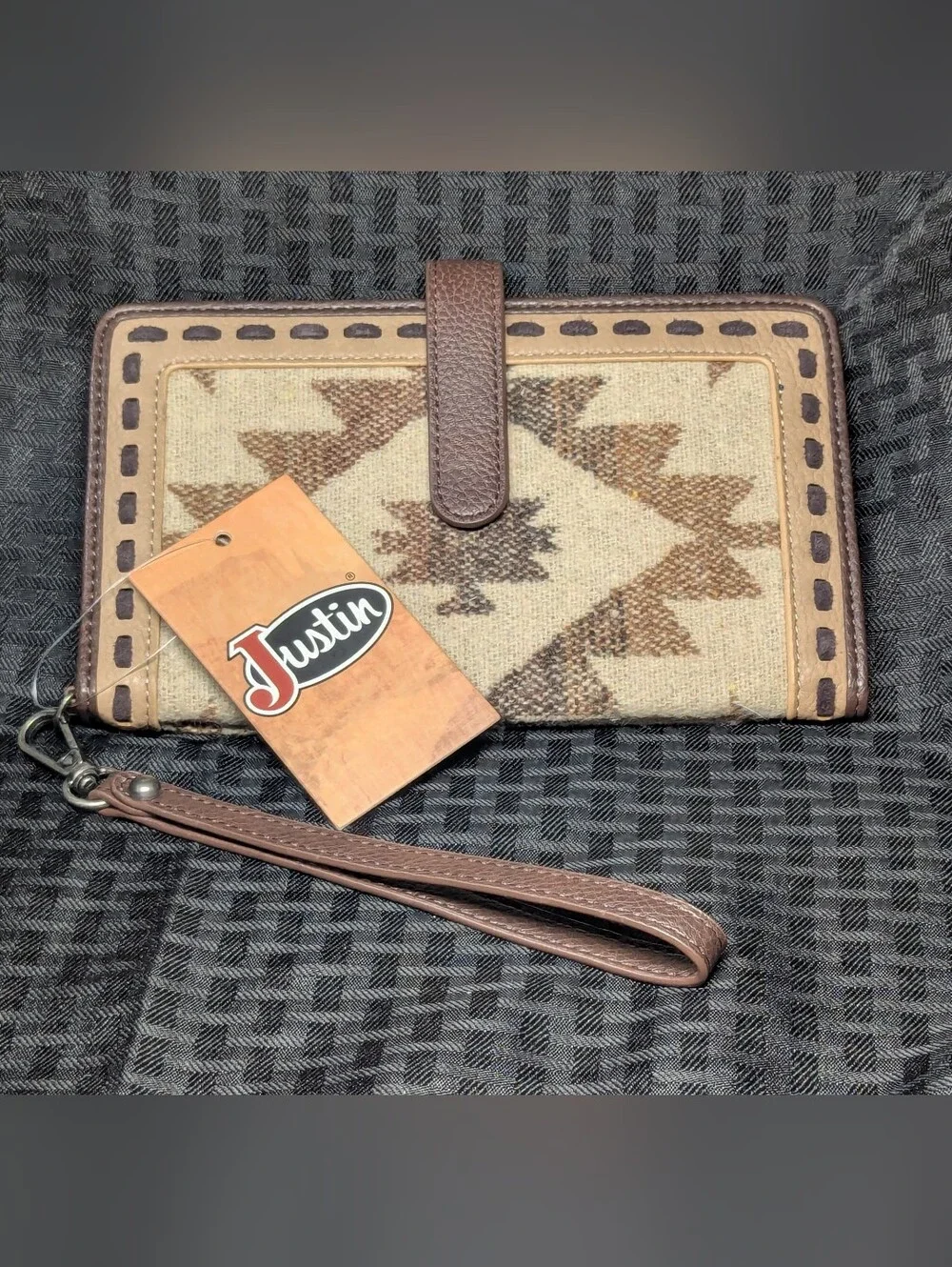 Justin Boots Brown & Cream Aztec Canvas Wristlet Wallet with Removable Strap.